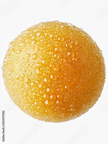 Juicy ripe peach, water droplets, white background, healthy food photo