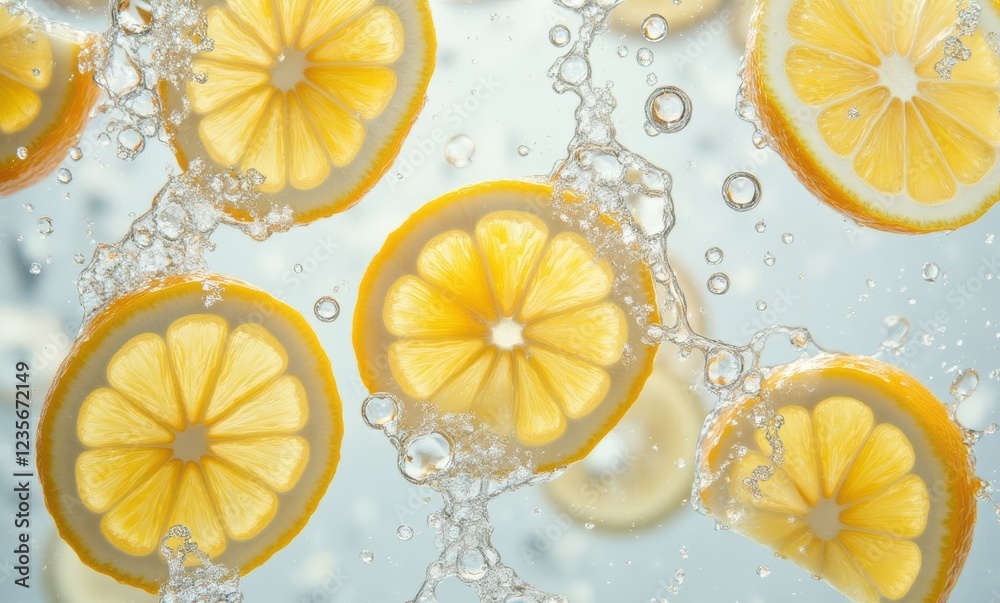 Fresh lemon slices splashing in water Fresh lemon slices splashing in water