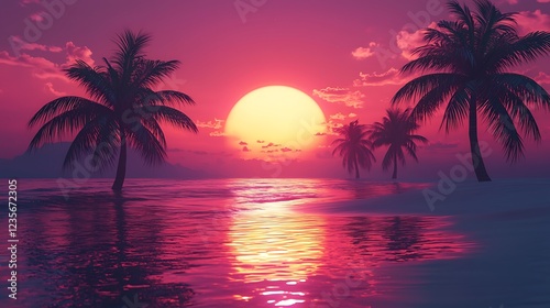 Tropical beach sunset with palm trees, red sky, and water reflection. Use for travel