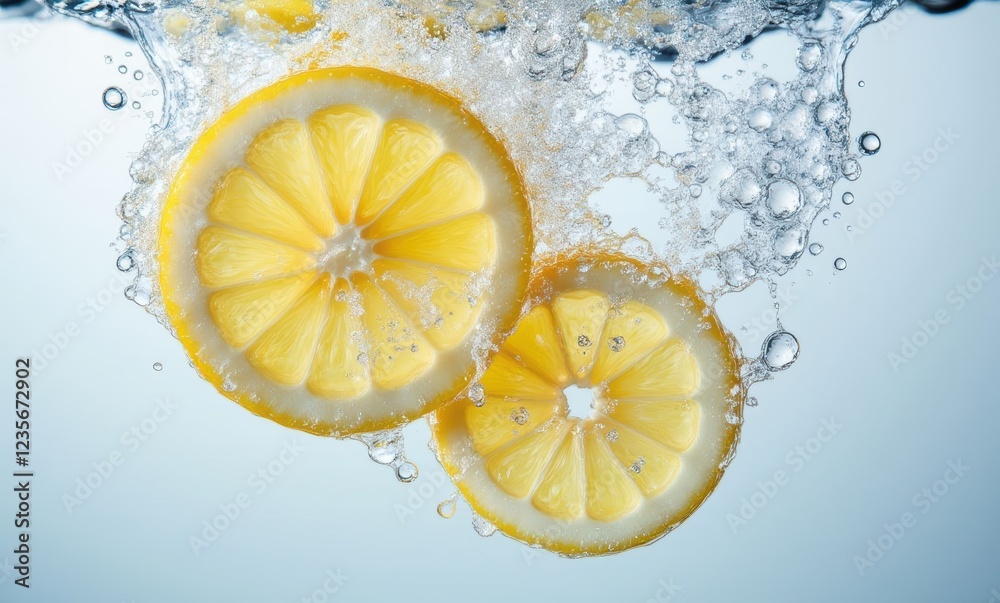 Fresh lemon slices splashing in water Fresh lemon slices splashing in water