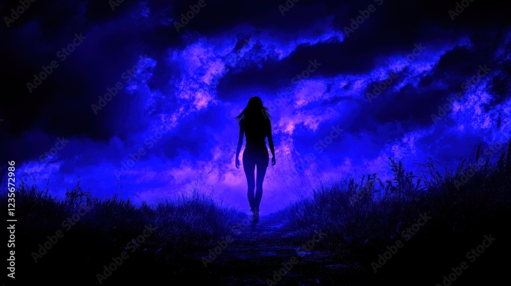 Fototapeta premium Woman walking night field stormy sky hope mystery