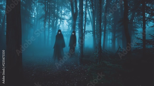 Haunted forest with ghostly apparitions