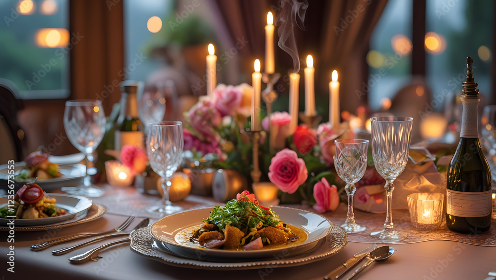 A cozy, intimate dinner with a steaming favorite meal, personalized notes, and elegant tableware, creating a romantic ambiance. A cozy, intimate dinner with a steaming favorite meal, personalized notes, and elegant tableware, creating a romantic ambiance.