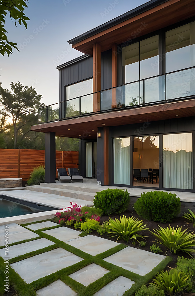 Fototapeta premium Luxury Modern House Exterior with Pool and Landscaping: Dream Home Design