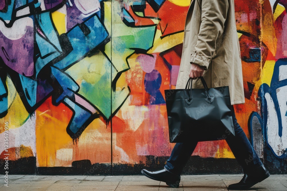 Fototapeta premium A person carrying a black shopping bag walking past a colorful graffiti wall.