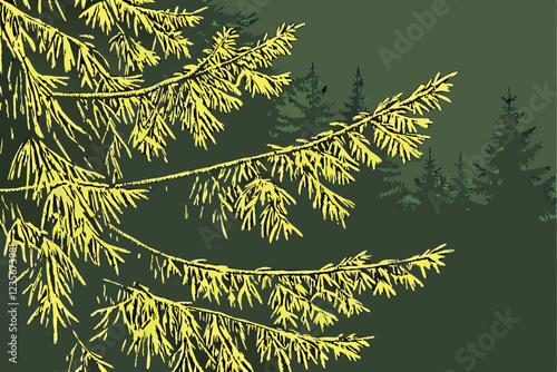  Photo of a dense cluster of evergreen needles, likely from a coniferous tree, with a dark green, almost black, background. The needles are a vibrant green, with a slight yellowish tint on the edges. 