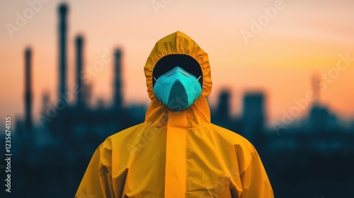 A figure in a bright yellow protective suit and mask stands against a blurred industrial background during sunset. photo