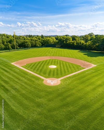 Aerial view of a baseball field with well-manicured grass, a dirt infield, and blue skies, surrounded by trees.