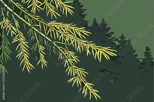  Photo of a dense cluster of evergreen needles, likely from a coniferous tree, with a dark green, almost black, background. The needles are a vibrant green, with a slight yellowish tint on the edges. 