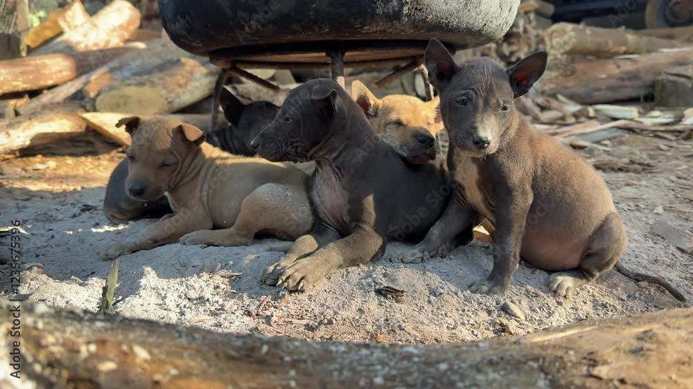 Group of friend puppy brown and black skin sibling relaxing together on soil ground outdoor daytime near firewood to keep warm. Adorable puppies. Group of friend puppy brown and black skin sibling relaxing together on soil ground outdoor daytime near firewood to keep warm. Adorable puppies.