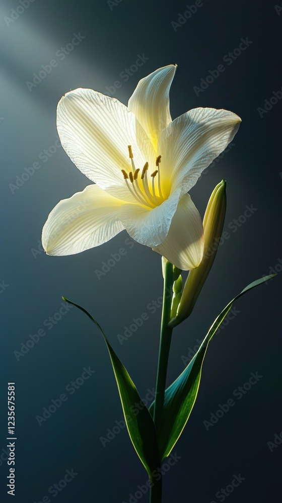 Fototapeta premium Elegant White Lily Blooming in Soft Light with Dark Background