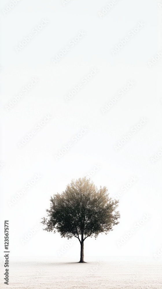 Fototapeta premium Solitary Tree in Minimalist Landscape Under Bright White Sky