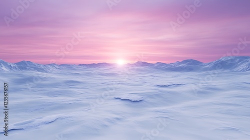 Winter landscape with a pastel pink sky at sunrise over a snowy expanse.