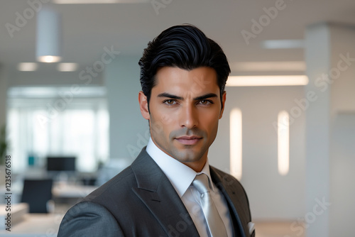 Portrait of handsome 30s Hispanic man in blurred modern office photo