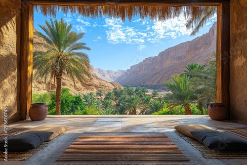 Stunning view of wadi bani khalid oasis from traditional omani resting area photo