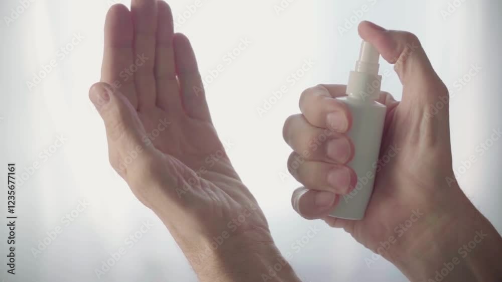 Woman spraying alcohol gel or antibacterial soap sanitizer coronavirus protection clean bacteria