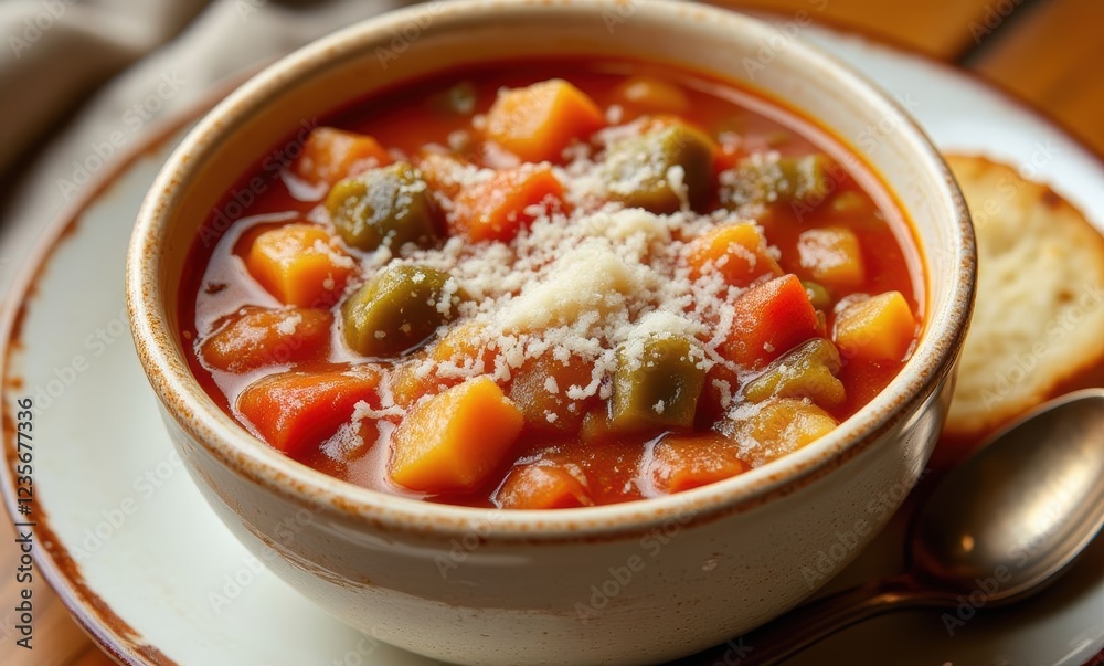 Warm vegetable soup with fresh toppings Warm vegetable soup with fresh toppings