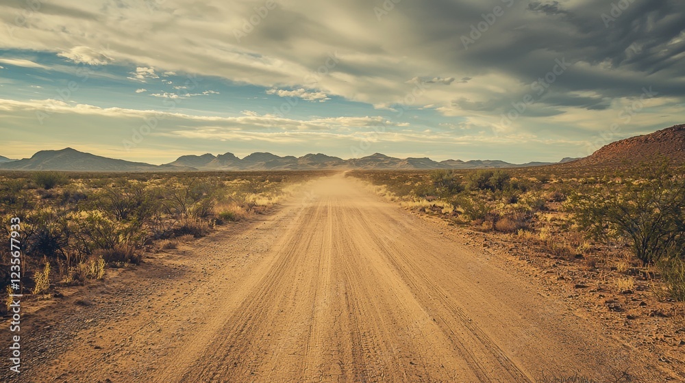 Fototapeta premium Dusty Dirt Road Stretching Through Desert Landscape with Mountains