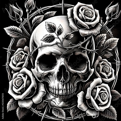 Stylized skull surrounded by roses and thorns, made in black and white