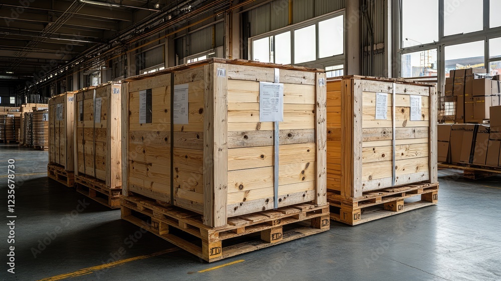 Large wooden crates sitting on pallets in distribution warehouse Large wooden crates sitting on pallets in distribution warehouse