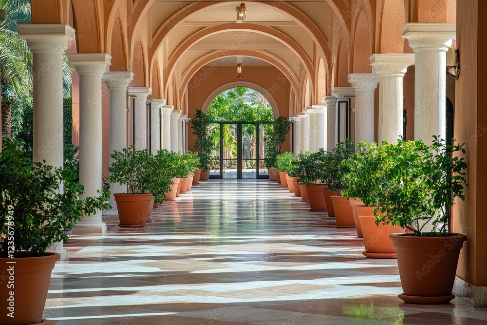 Elegant colonnade with potted plants leading to garden Elegant colonnade with potted plants leading to garden