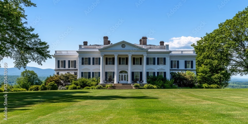 Hilltop mansion, scenic view, summer day, green lawn. Real estate listing. Hilltop mansion, scenic view, summer day, green lawn. Real estate listing.