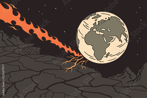 A CGI rendering of Earth, viewed from space, being engulfed in flames and smoke, with a dark, ominous sky in the background. The planet is tilted, showing the Americas and parts of Europe and Africa. 