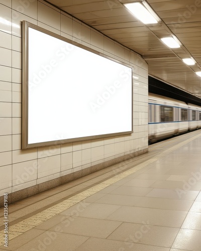 Fototapeta Naklejka Na Ścianę i Meble -  A blank advertising space in a subway station, showcasing minimalistic design with tiled walls and a train platform in view.