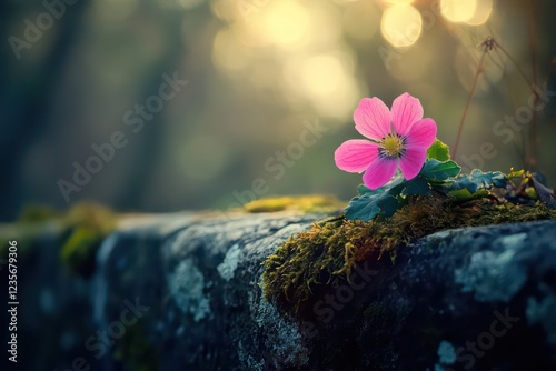 A pink flower flourishing on a moss-covered wall under the soft glow of morning light.