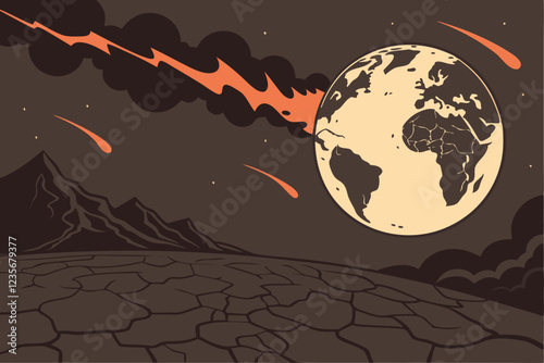 A CGI rendering of Earth, viewed from space, being engulfed in flames and smoke, with a dark, ominous sky in the background. The planet is tilted, showing the Americas and parts of Europe and Africa. 