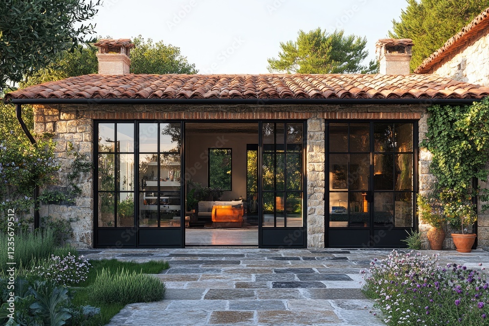 Modern sliding patio doors opening onto stone patio in tuscan farmhouse Modern sliding patio doors opening onto stone patio in tuscan farmhouse