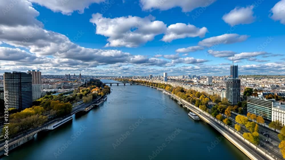 Stunning Aerial View of River and City Skyline Under Dramatic Autumn Clouds and Water Stunning Aerial View of River and City Skyline Under Dramatic Autumn Clouds and Water