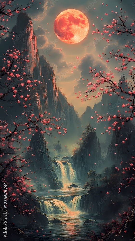 Fototapeta premium Traditional purple mountains pink cherry blossom tree illustration poster background