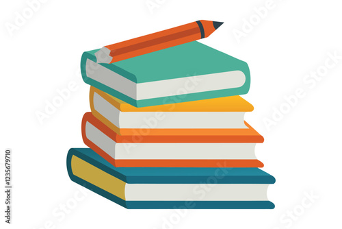 stack of books with pencil vector illustration on white background