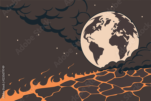 A CGI rendering of Earth, viewed from space, being engulfed in flames and smoke, with a dark, ominous sky in the background. The planet is tilted, showing the Americas and parts of Europe and Africa. 
