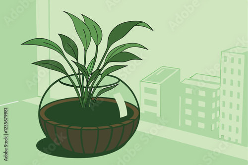 A surreal photograph of a small, round, wooden planter with a transparent bottom, filled with dark soil and vibrant green plants, placed on a flat surface. The background is a blurred cityscape with t