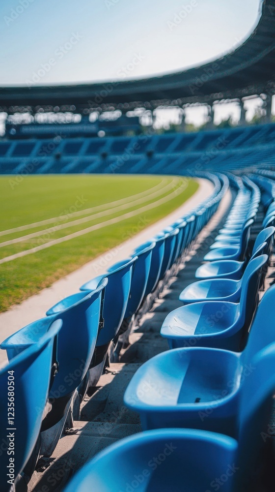 Naklejka premium Blue Stadium Seats with Green Grass and Clear Sky Perspective