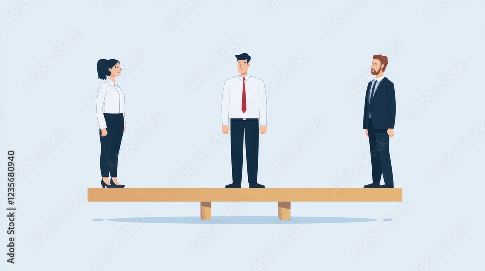 Fototapeta premium Three business professionals stand on a seesaw, symbolizing balance, teamwork, and negotiation in the workplace.