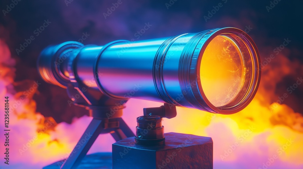 A futuristic 3D-rendered telescope with neon blue highlights, pastel yellow backdrop A futuristic 3D-rendered telescope with neon blue highlights, pastel yellow backdrop