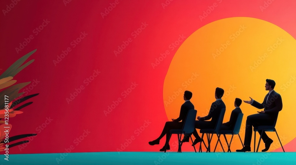 Fototapeta premium A silhouette of four figures sitting in chairs, with one gesturing, against a vibrant sunset background, conveying a sense of discussion or presentation.