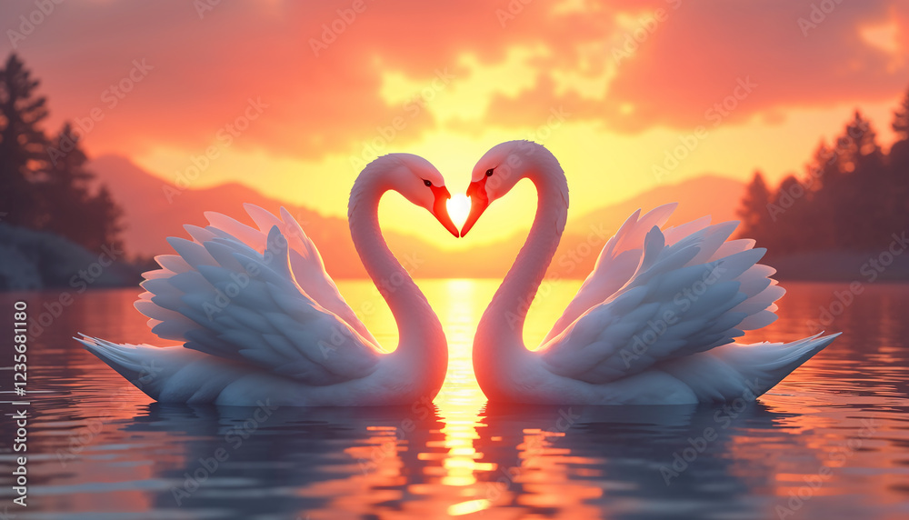 Fototapeta premium Two swans making a heart shape, Sunset landscape, Generative AI Digital Illustration