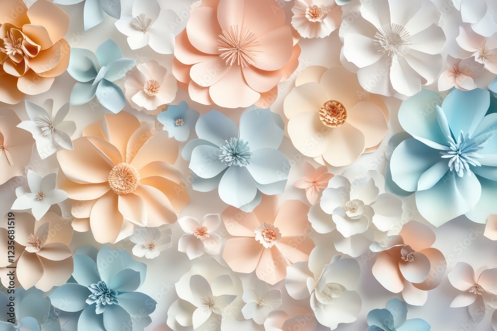 Fototapeta premium A seamless botanical pattern created from 3D-rendered paper flowers in soft hues, perfect for modern wedding decor.