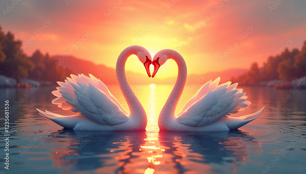 Fototapeta premium Two swans making a heart shape, Sunset landscape, Generative AI Digital Illustration