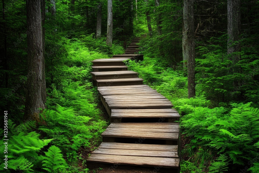 Wooden path winding uphill through lush green forest. Wooden path winding uphill through lush green forest.