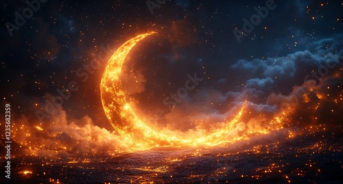 Fiery Crescent Moon Amidst Clouds Against a Starry Night Sky