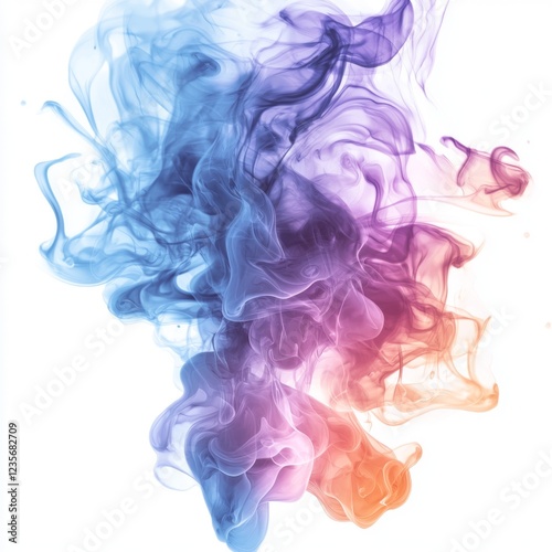 Colorful Swirling Smoke in Vibrant Blue, Purple, and Orange Hues on a White Background