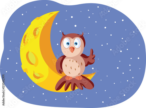Happy Owl Sitting on the Moon Vector Cartoon Character. Night creature being alert and productive during nighttime