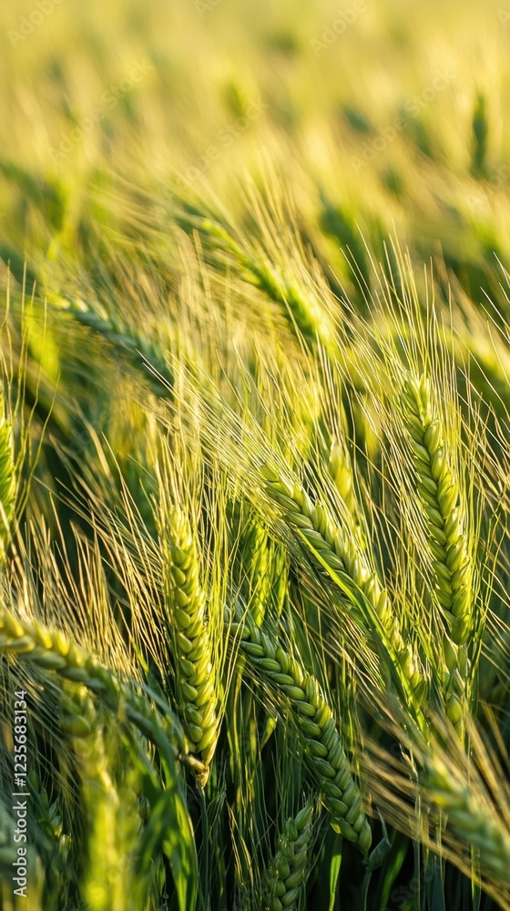Lush Green Wheat Field Captured Under Golden Sunlight at Dusk Lush Green Wheat Field Captured Under Golden Sunlight at Dusk