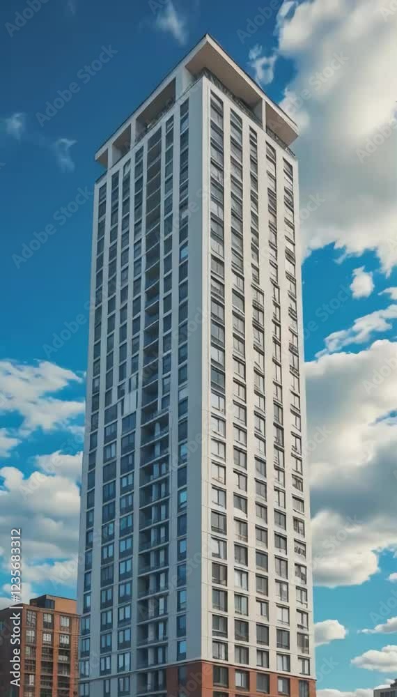 a tall apartment building with many windows against a blue sky with clouds a tall apartment building with many windows against a blue sky with clouds