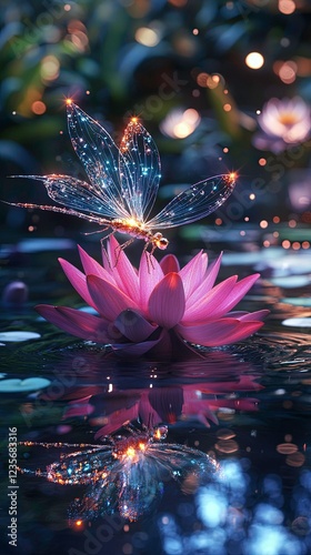 Wallpaper Mural Sparkling dragonfly rests on a pink lotus flower in a serene pond at twilight Torontodigital.ca